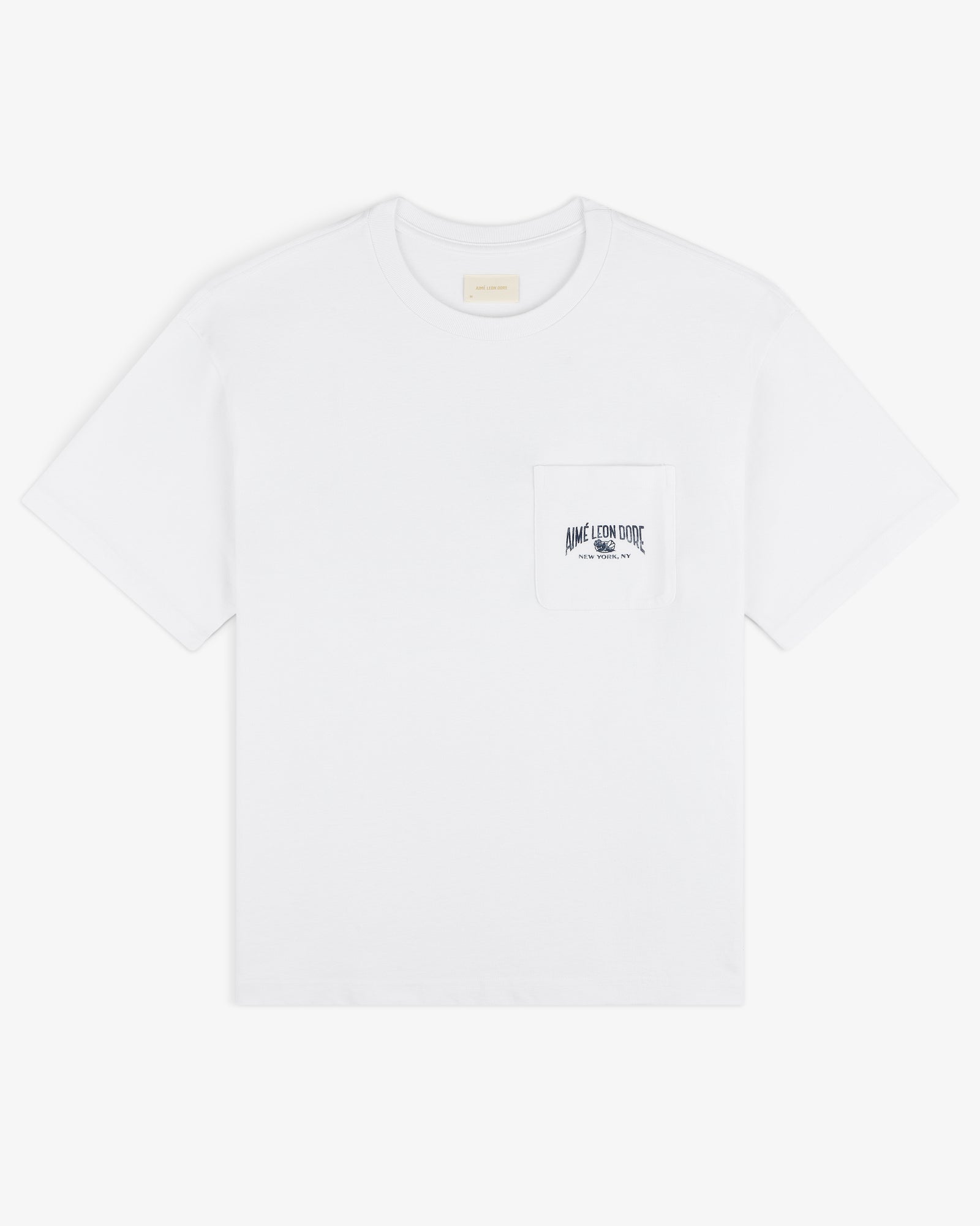 Neighborhood Pocket Tee—white short-sleeve shirt with chest pocket and small black text above the pocket.