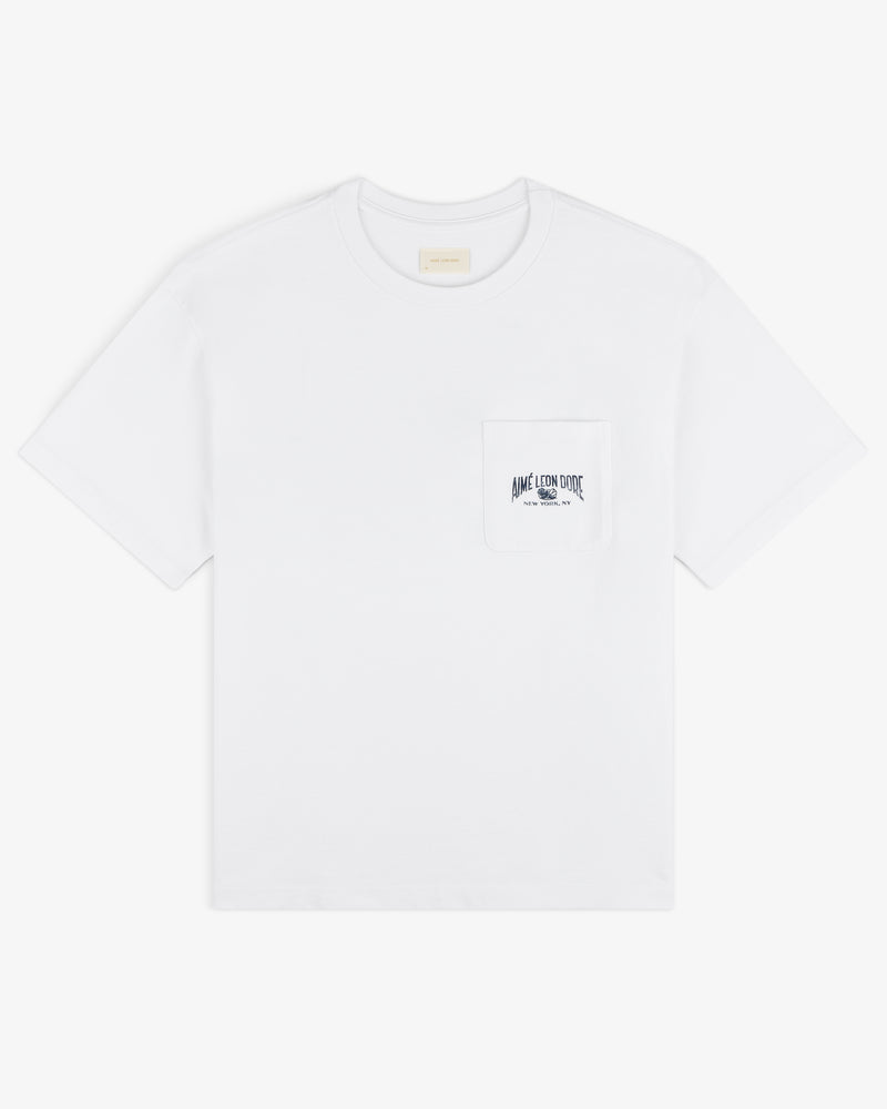 Neighborhood Pocket Tee—white short-sleeve shirt with chest pocket and small black text above the pocket.