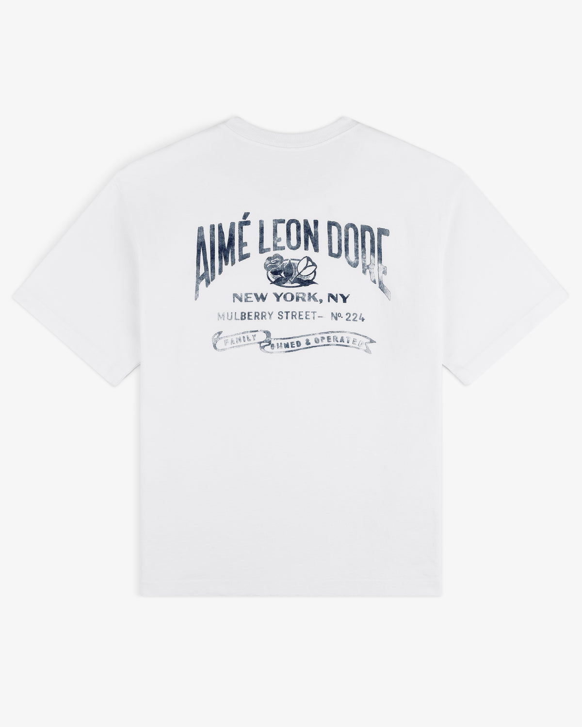 Neighborhood Pocket Tee: White T-shirt with blue AIMÉ LEON DORE text and New York, NY address on the back.
