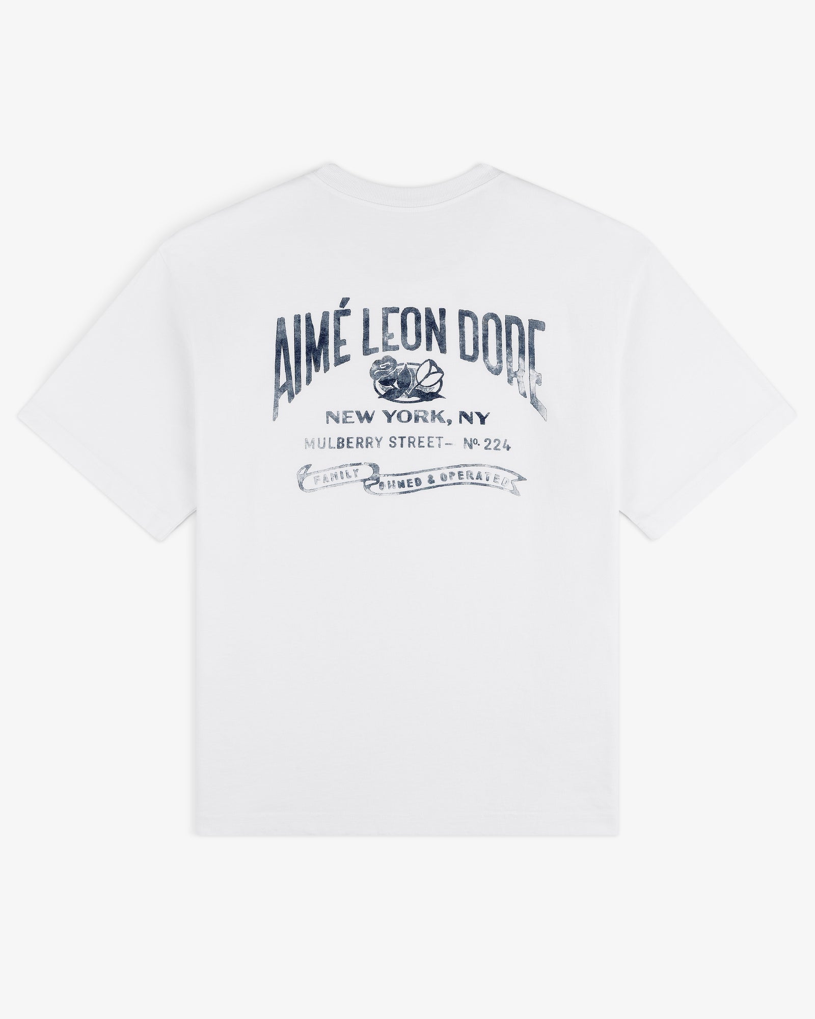Neighborhood Pocket Tee: White T-shirt with blue AIMÉ LEON DORE text and New York, NY address on the back.