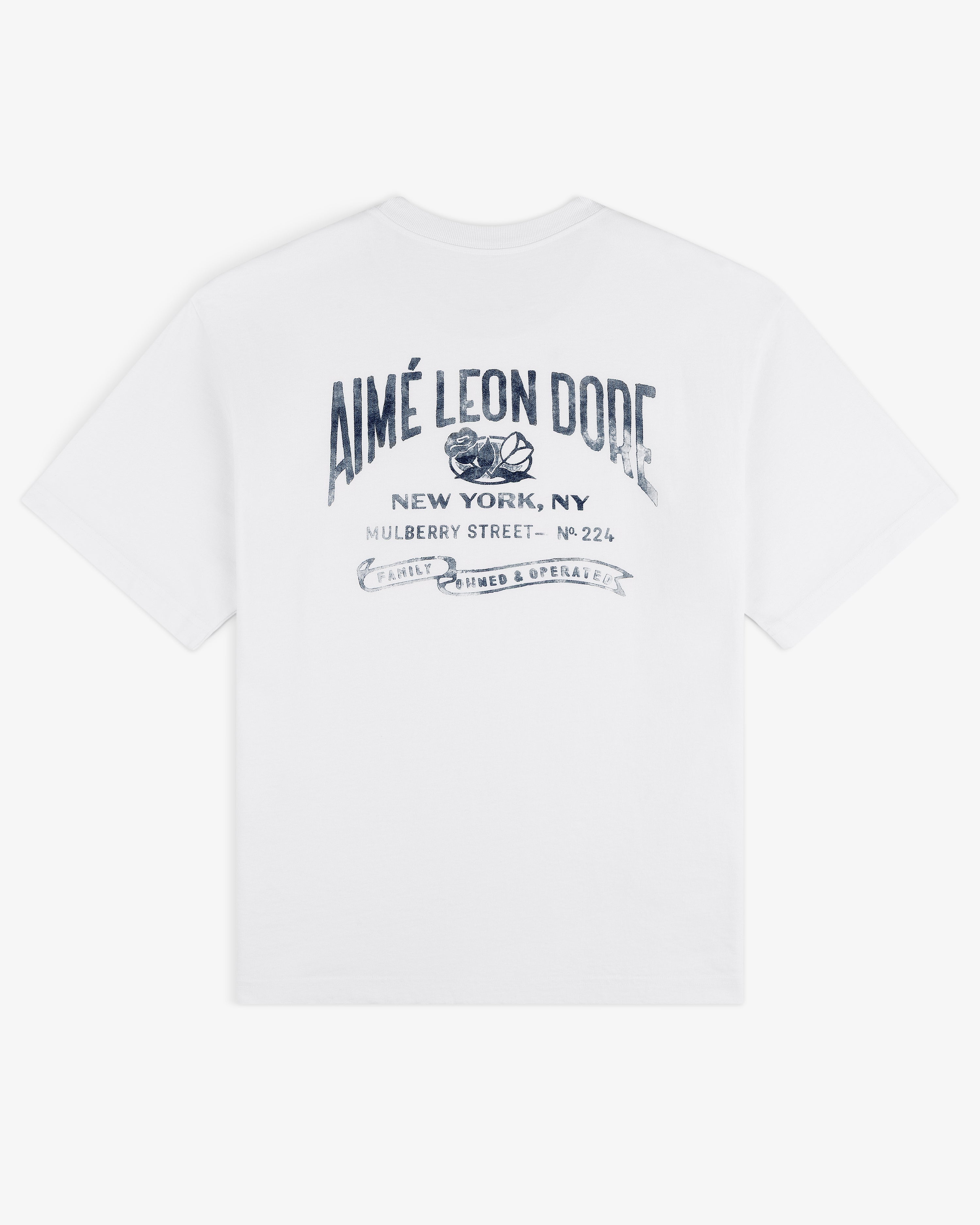 Neighborhood Pocket Tee: White T-shirt with blue AIMÉ LEON DORE text and New York, NY address on the back.