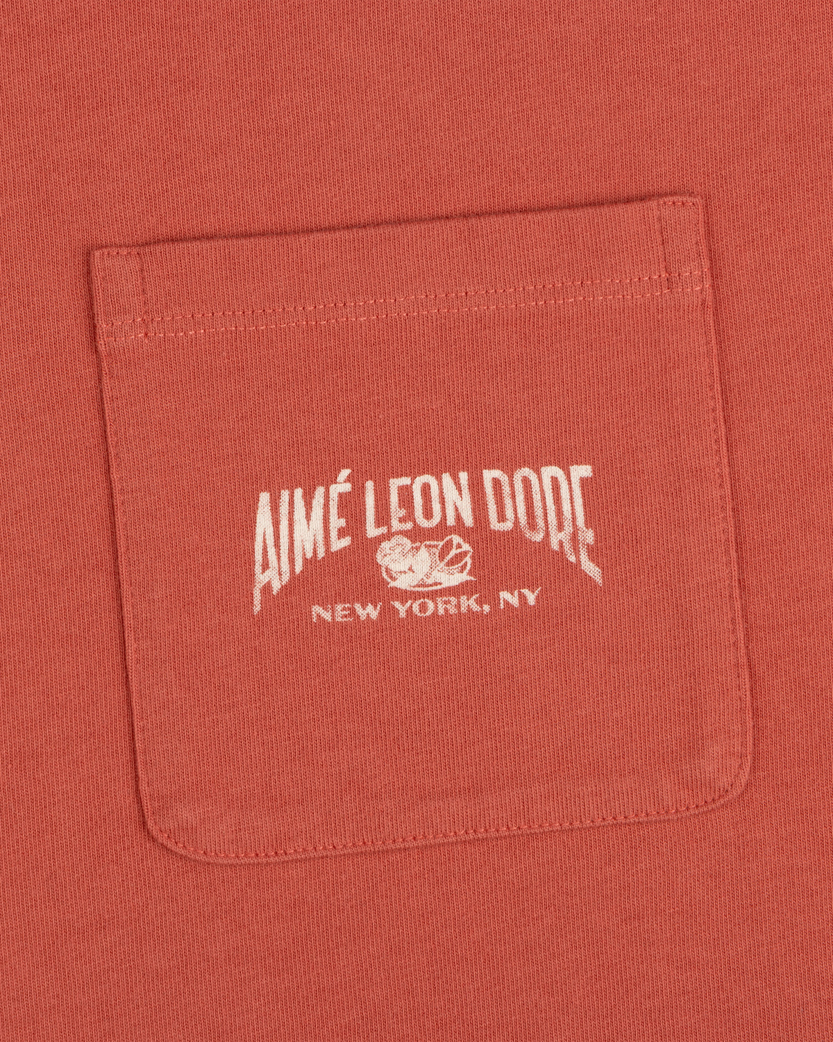 Close-up of a red Neighborhood Pocket Tee with white AIMÉ LEON DORE NEW YORK, NY text above a small graphic.