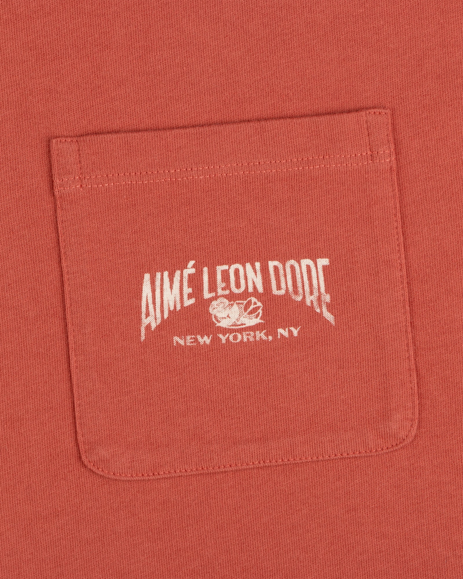 Close-up of a red Neighborhood Pocket Tee with white AIMÉ LEON DORE NEW YORK, NY text above a small graphic.