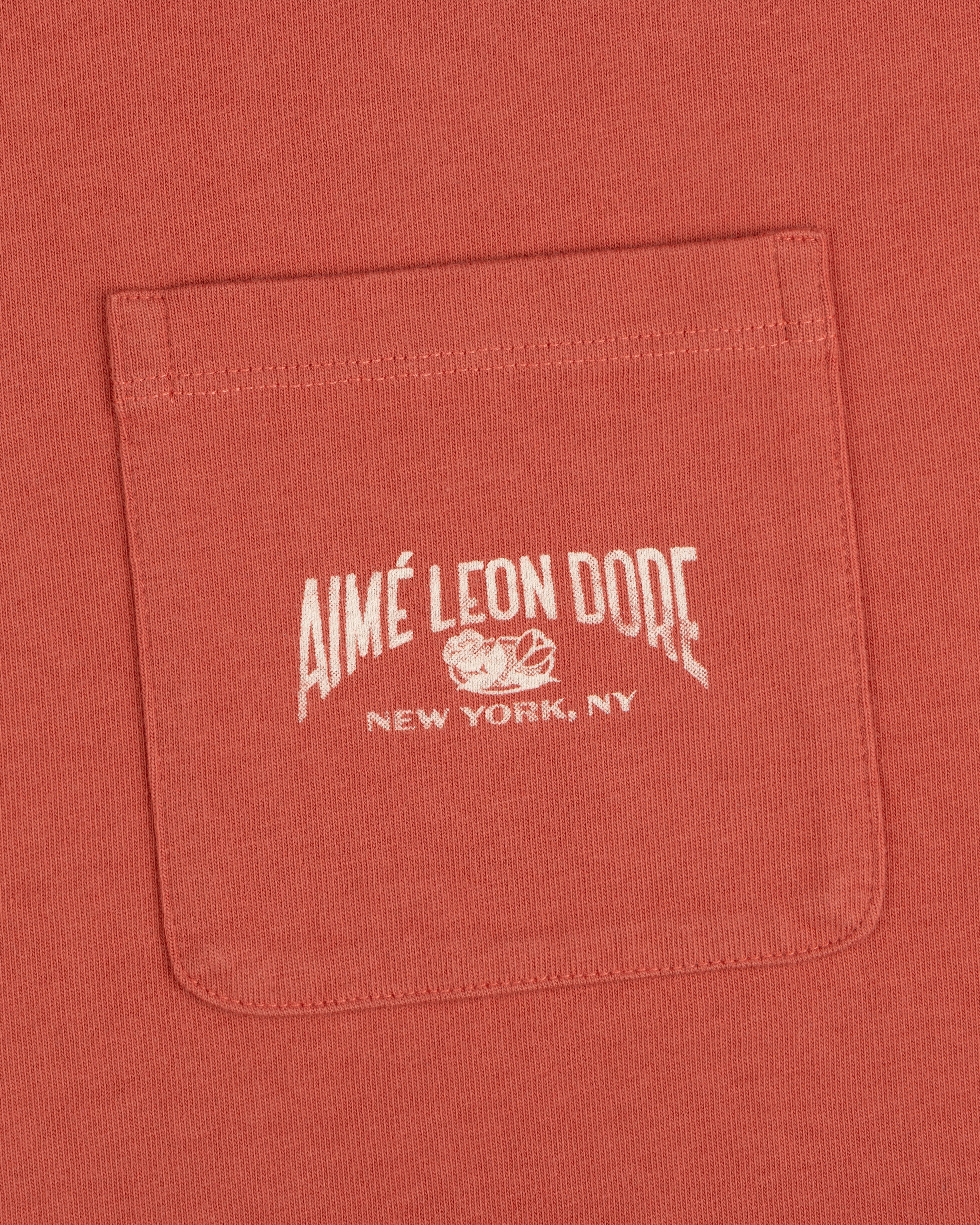 Close-up of a red Neighborhood Pocket Tee with white AIMÉ LEON DORE NEW YORK, NY text above a small graphic.