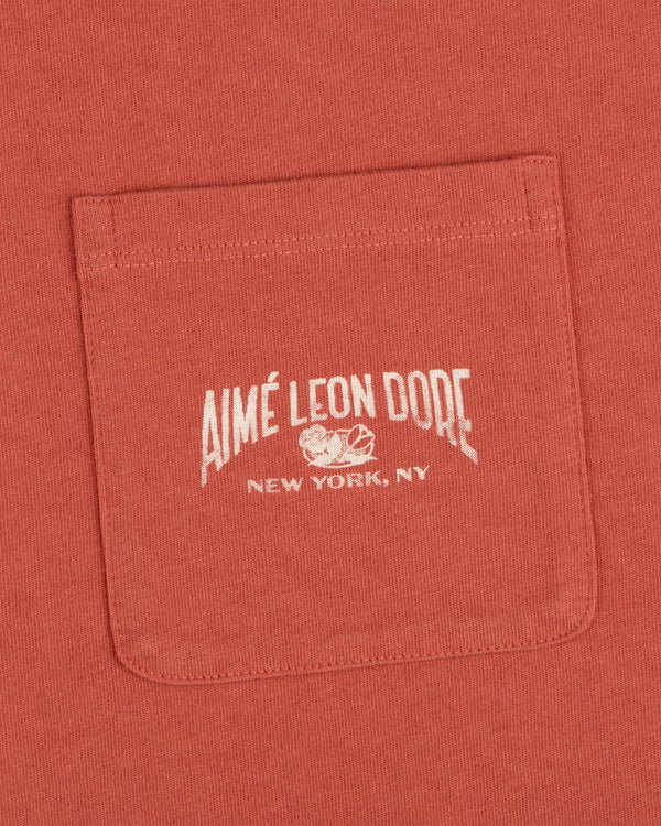 Close-up of a red Neighborhood Pocket Tee with white AIMÉ LEON DORE NEW YORK, NY text above a small graphic.