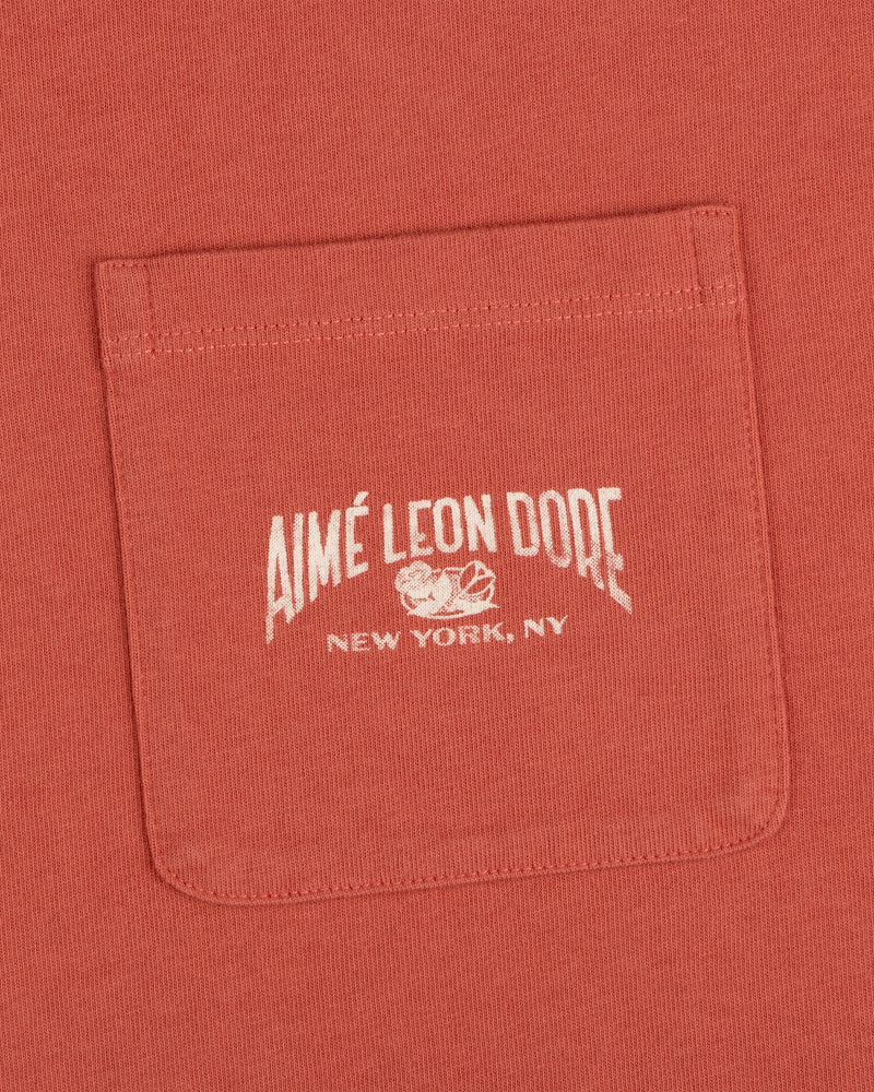 Close-up of a red Neighborhood Pocket Tee with white AIMÉ LEON DORE NEW YORK, NY text above a small graphic.