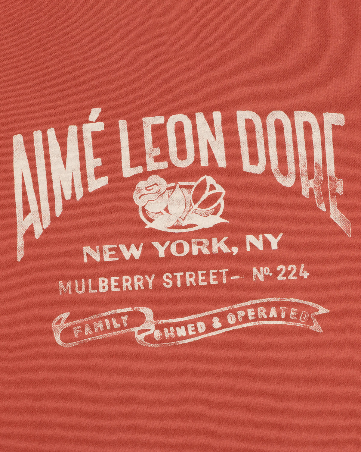 Red Neighborhood Pocket Tee with white 'AIMÉ LEON DORE' text, New York address, and rose graphic.