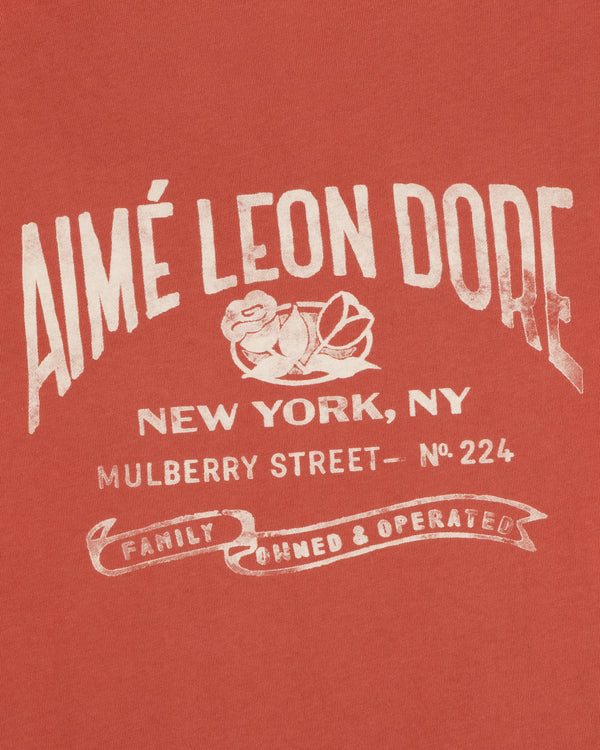 Red Neighborhood Pocket Tee with white 'AIMÉ LEON DORE' text, New York address, and rose graphic.