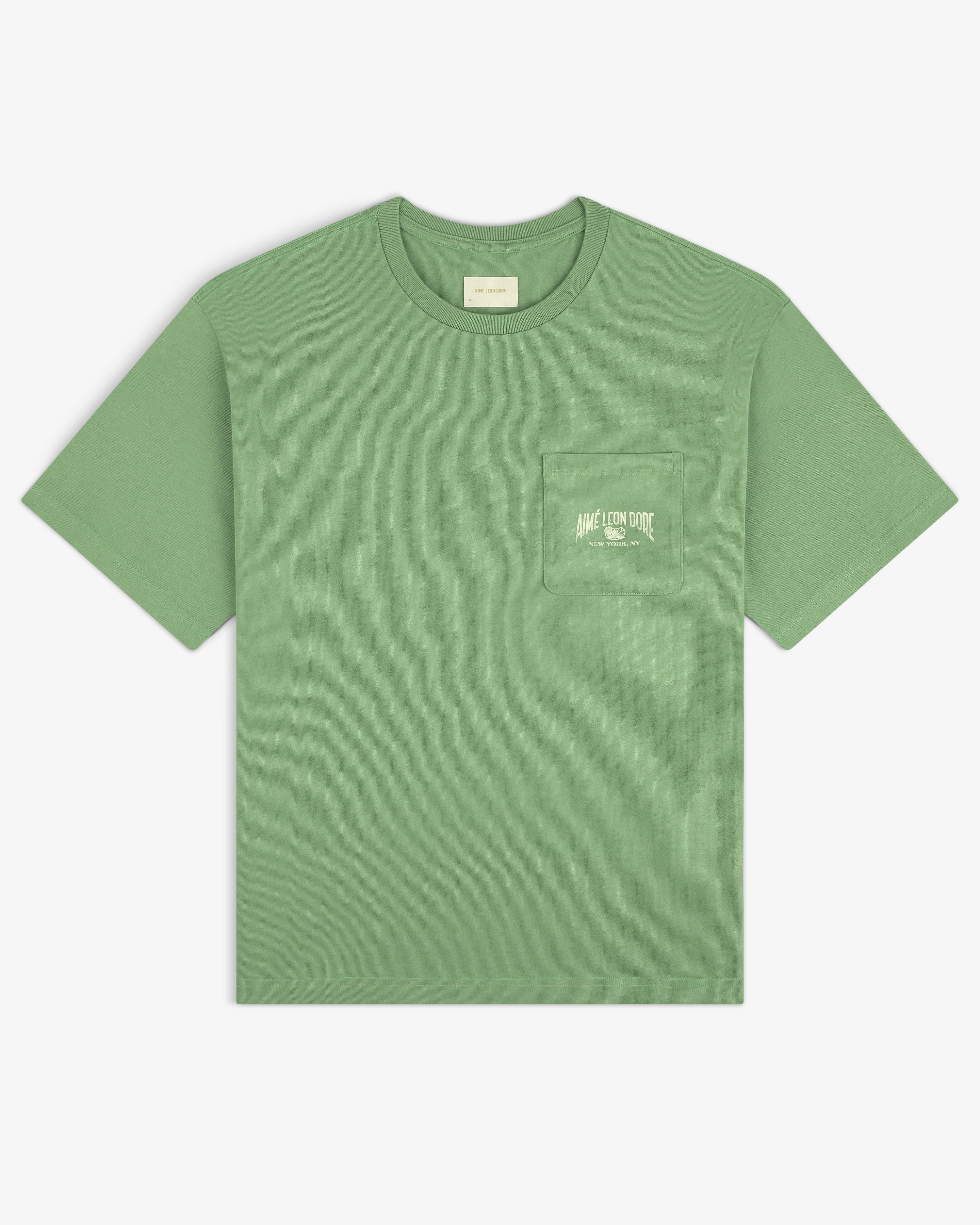 Neighborhood Pocket Tee: Green short-sleeve shirt with chest pocket and small white printed logo.