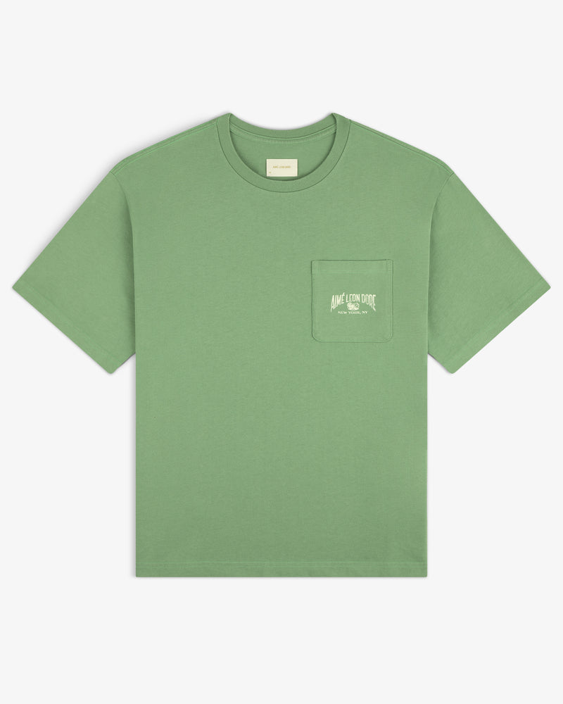 Neighborhood Pocket Tee: Green short-sleeve shirt with chest pocket and small white printed logo.