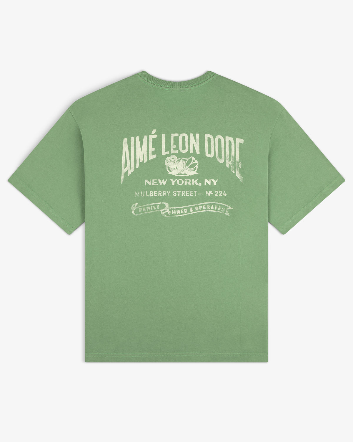 Neighborhood Pocket Tee featuring “AIMÉ LEON DORE New York, NY Mulberry Street” and white back graphic.
