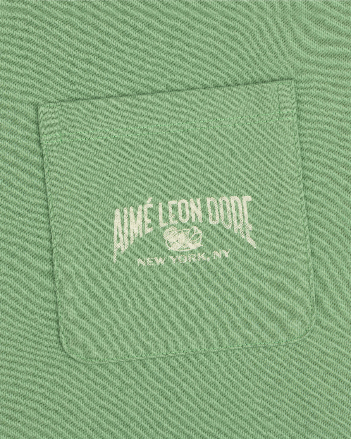 Neighborhood Pocket Tee in green with white Aimé Leon Dore New York, NY and small graphic printed on the pocket.