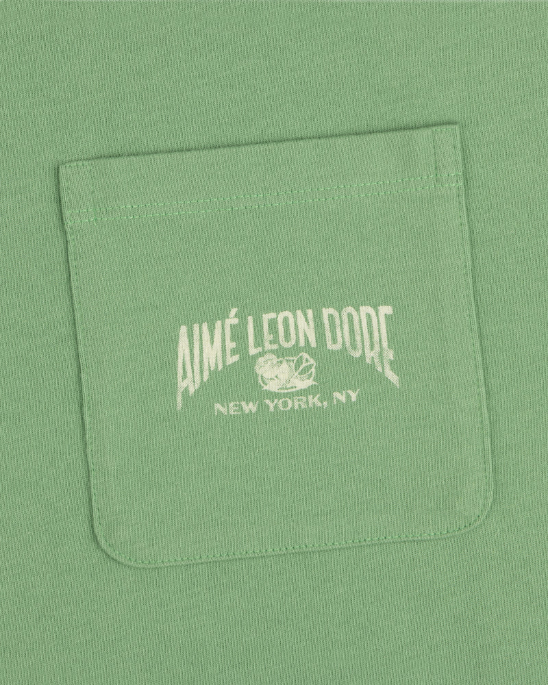 Neighborhood Pocket Tee in green with white Aimé Leon Dore New York, NY and small graphic printed on the pocket.