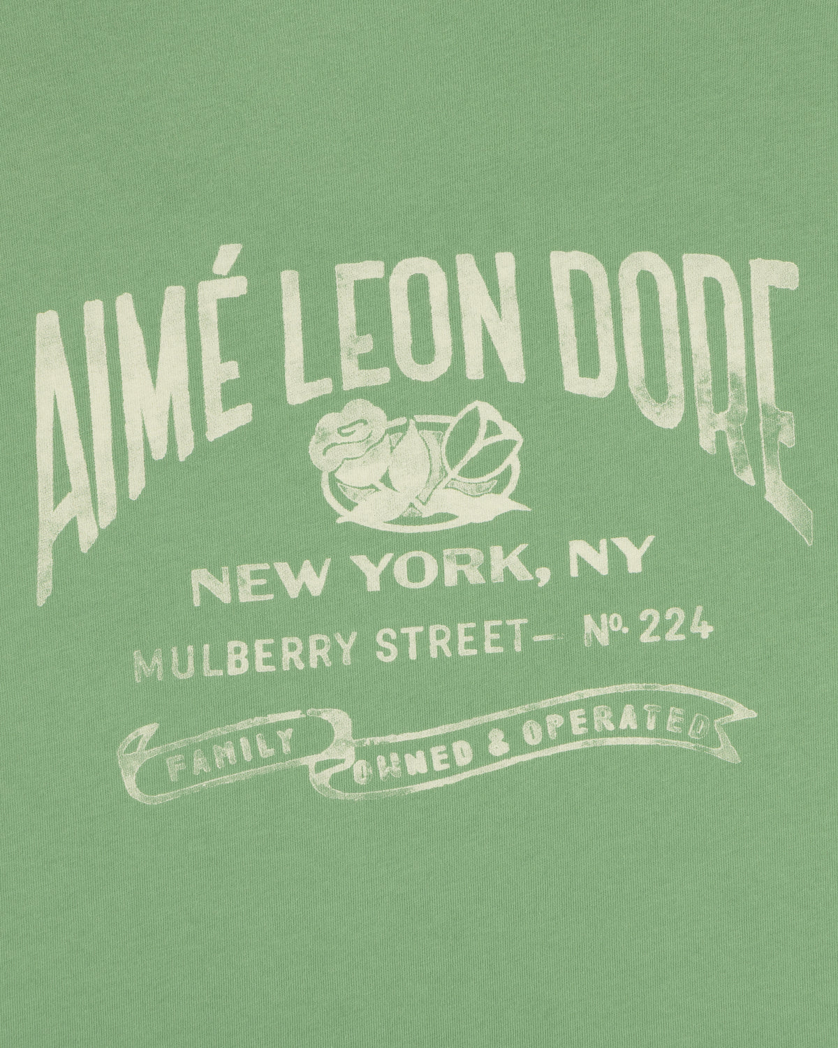 Neighborhood Pocket Tee: Green shirt with white text, Aimé Leon Dore, New York, Mulberry St No. 224, Family Owned & Operated.