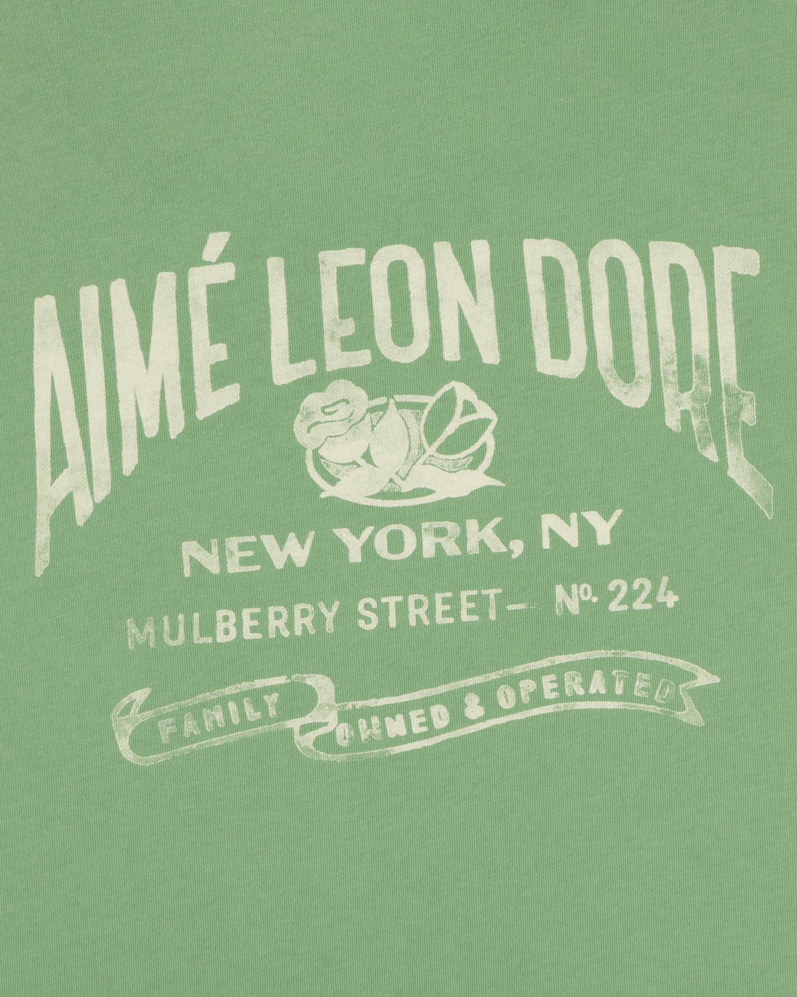 Neighborhood Pocket Tee: Green shirt with white text, Aimé Leon Dore, New York, Mulberry St No. 224, Family Owned & Operated.