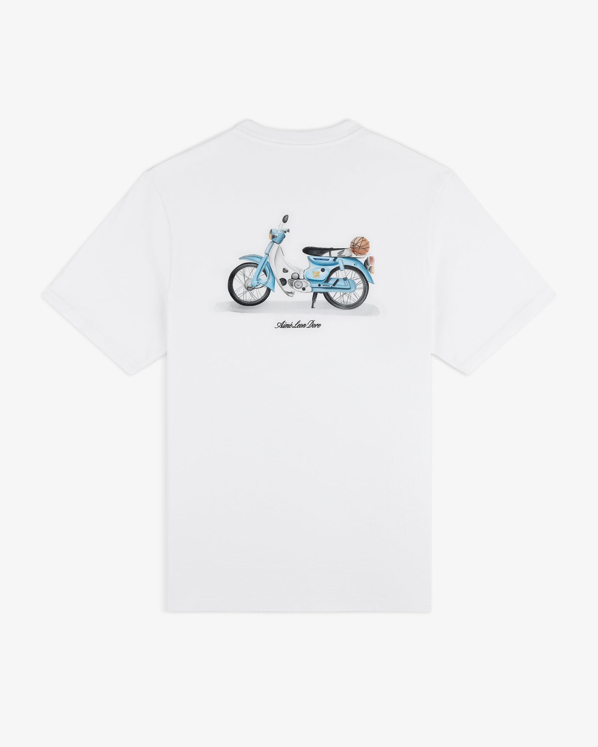 Super Cub Tee: White T-shirt featuring a blue vintage scooter and a small dog sitting on the seat, viewed from behind.