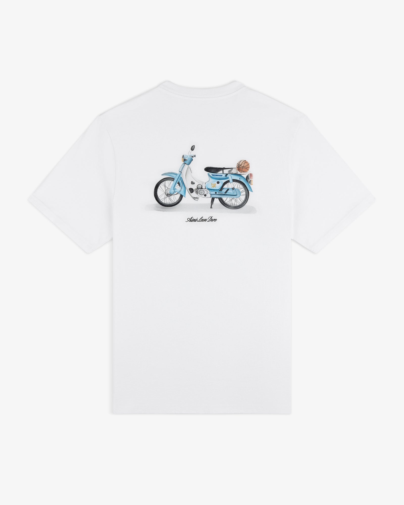 Super Cub Tee: White T-shirt featuring a blue vintage scooter and a small dog sitting on the seat, viewed from behind.