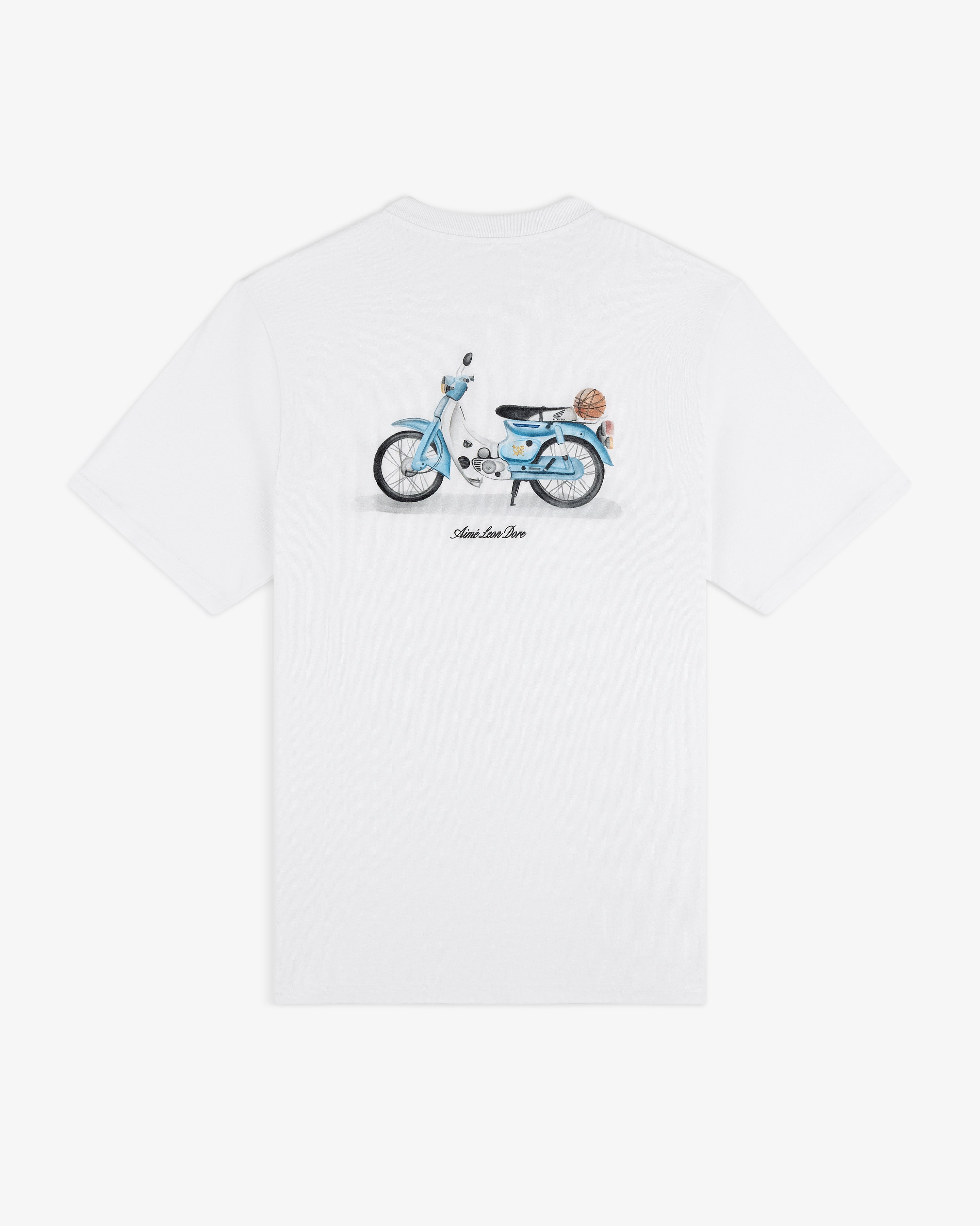 Super Cub Tee: White T-shirt featuring a blue vintage scooter and a small dog sitting on the seat, viewed from behind.