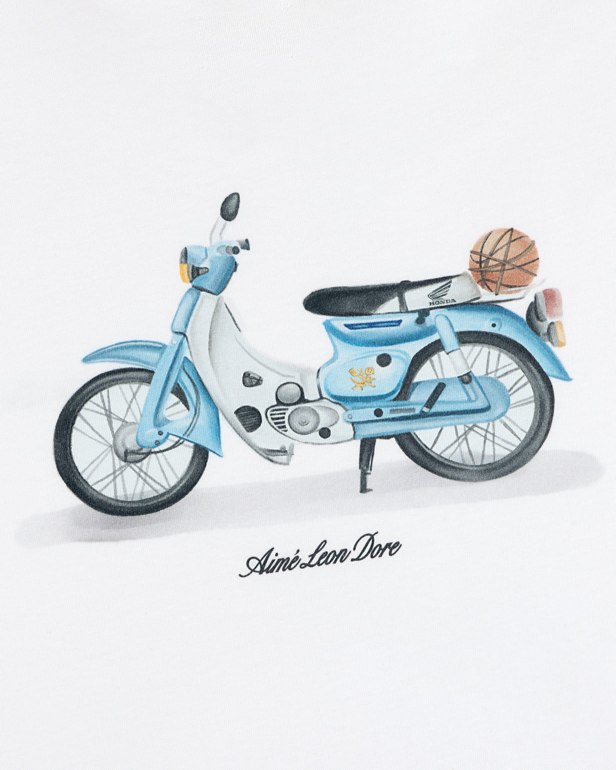A Super Cub Tee featuring a blue and white vintage moped with a basketball on the back, on a white background.