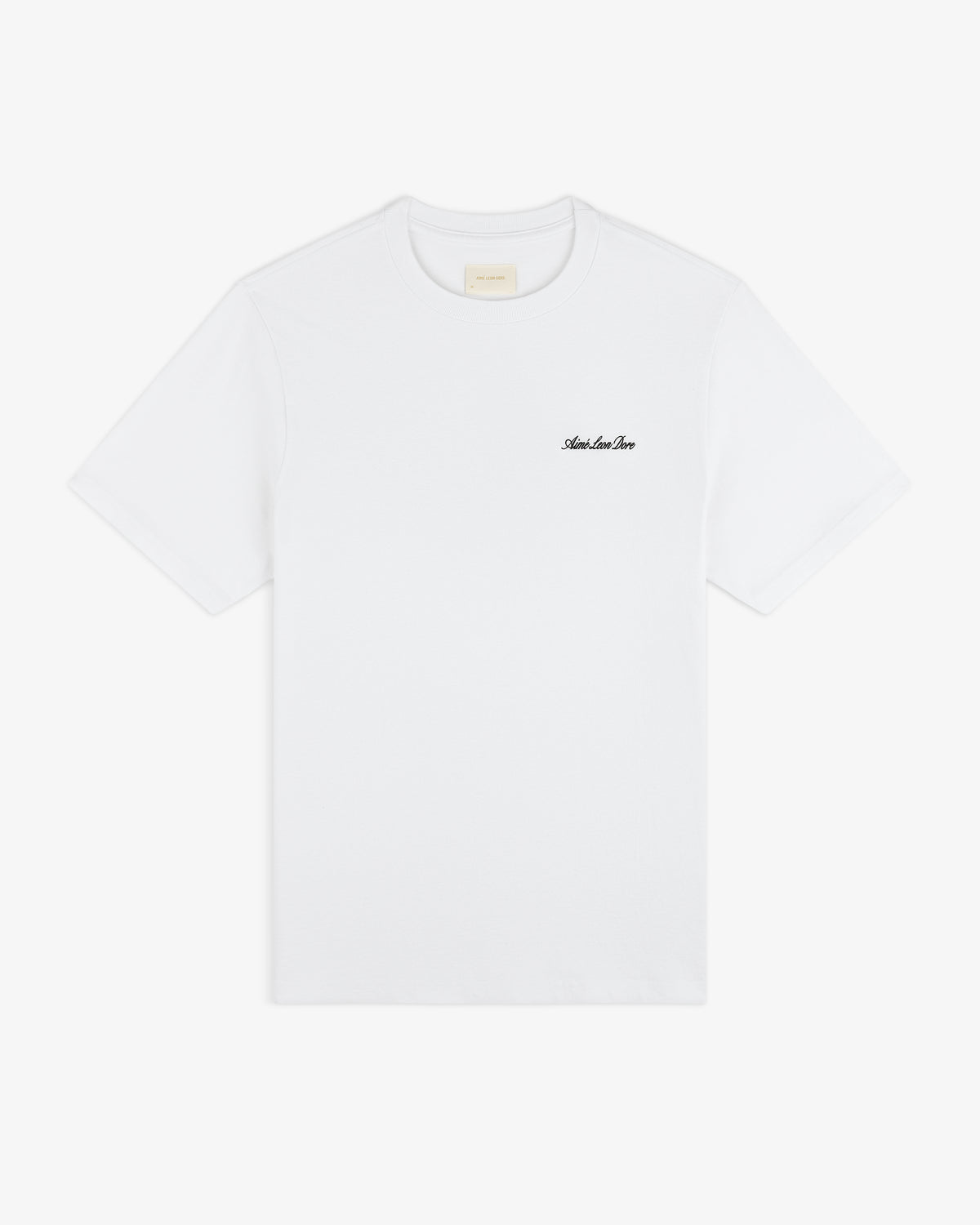 Super Cub Tee: White short-sleeve shirt with small black cursive text on left chest, shown on plain background.