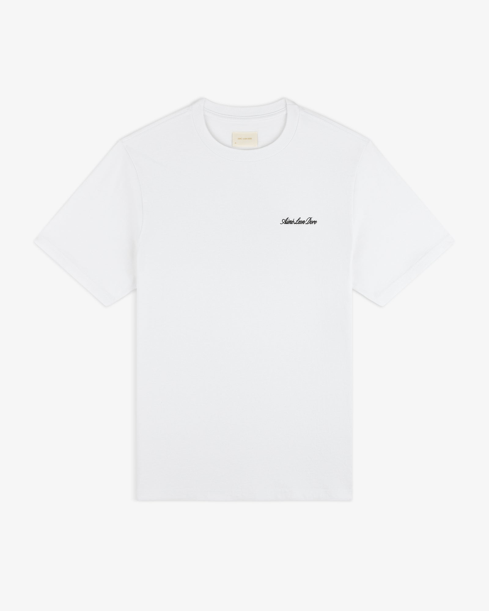 Super Cub Tee: White short-sleeve shirt with small black cursive text on left chest, shown on plain background.