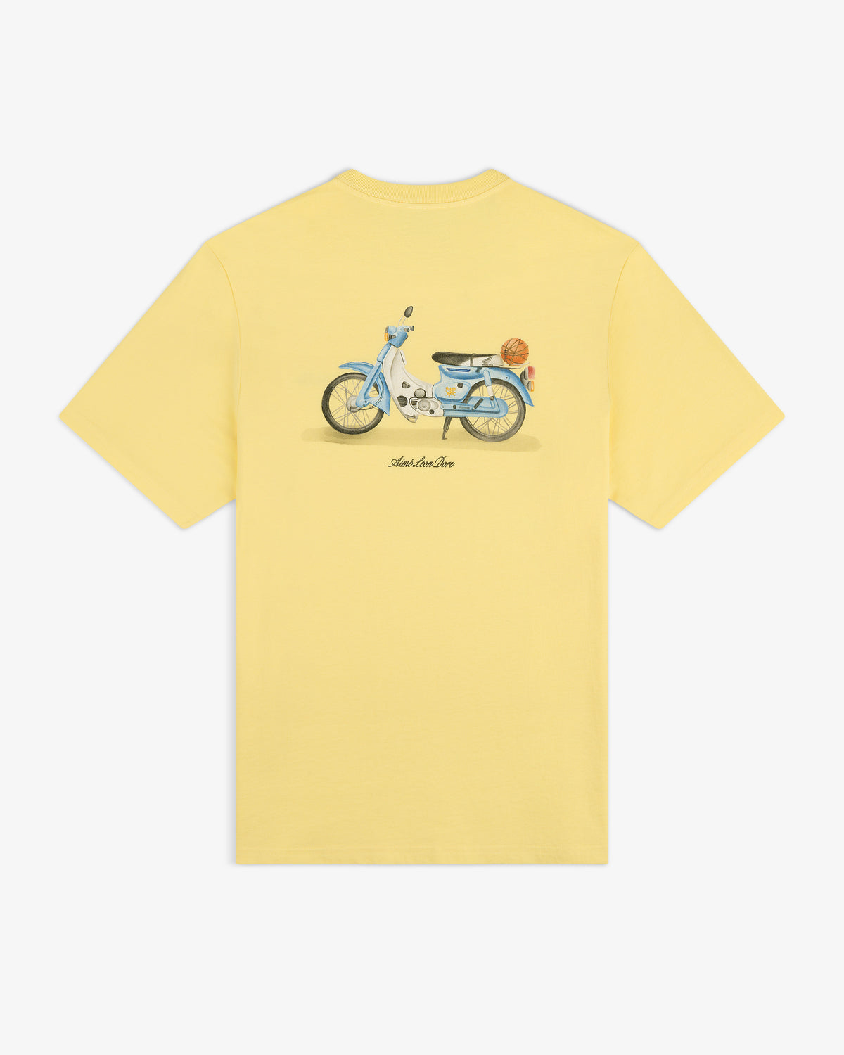 Super Cub Tee: Yellow shirt featuring a blue vintage scooter with a basket, illustration centered on the back.
