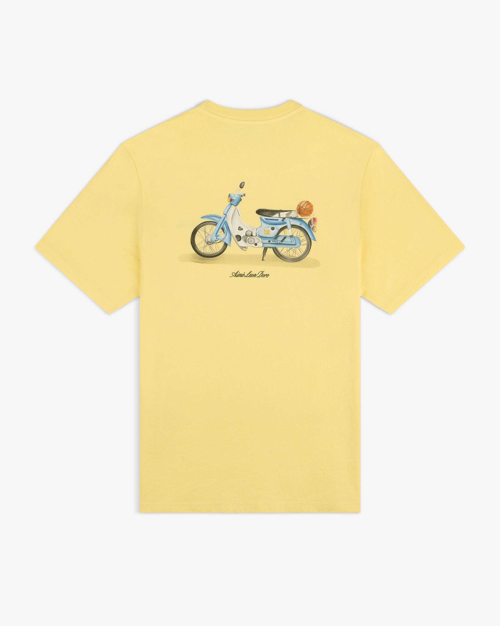 Super Cub Tee: Yellow shirt featuring a blue vintage scooter with a basket, illustration centered on the back.