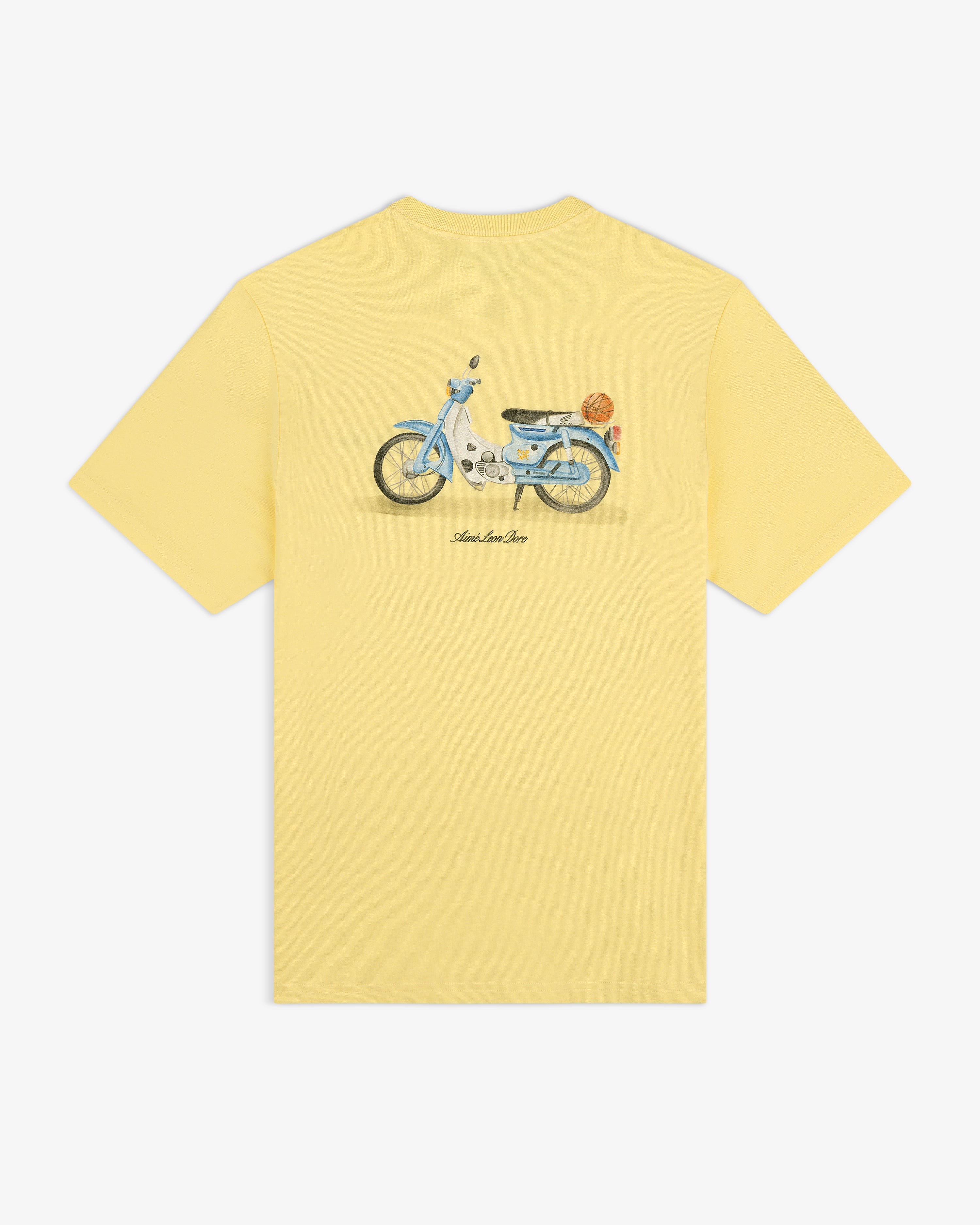 Super Cub Tee: Yellow shirt featuring a blue vintage scooter with a basket, illustration centered on the back.