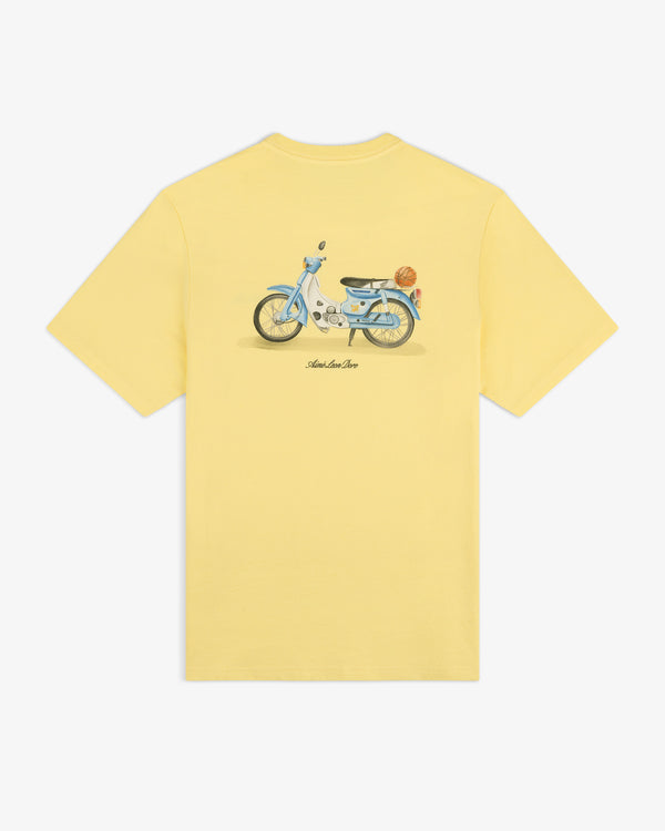 Super Cub Tee: Yellow shirt featuring a blue vintage scooter with a basket, illustration centered on the back.