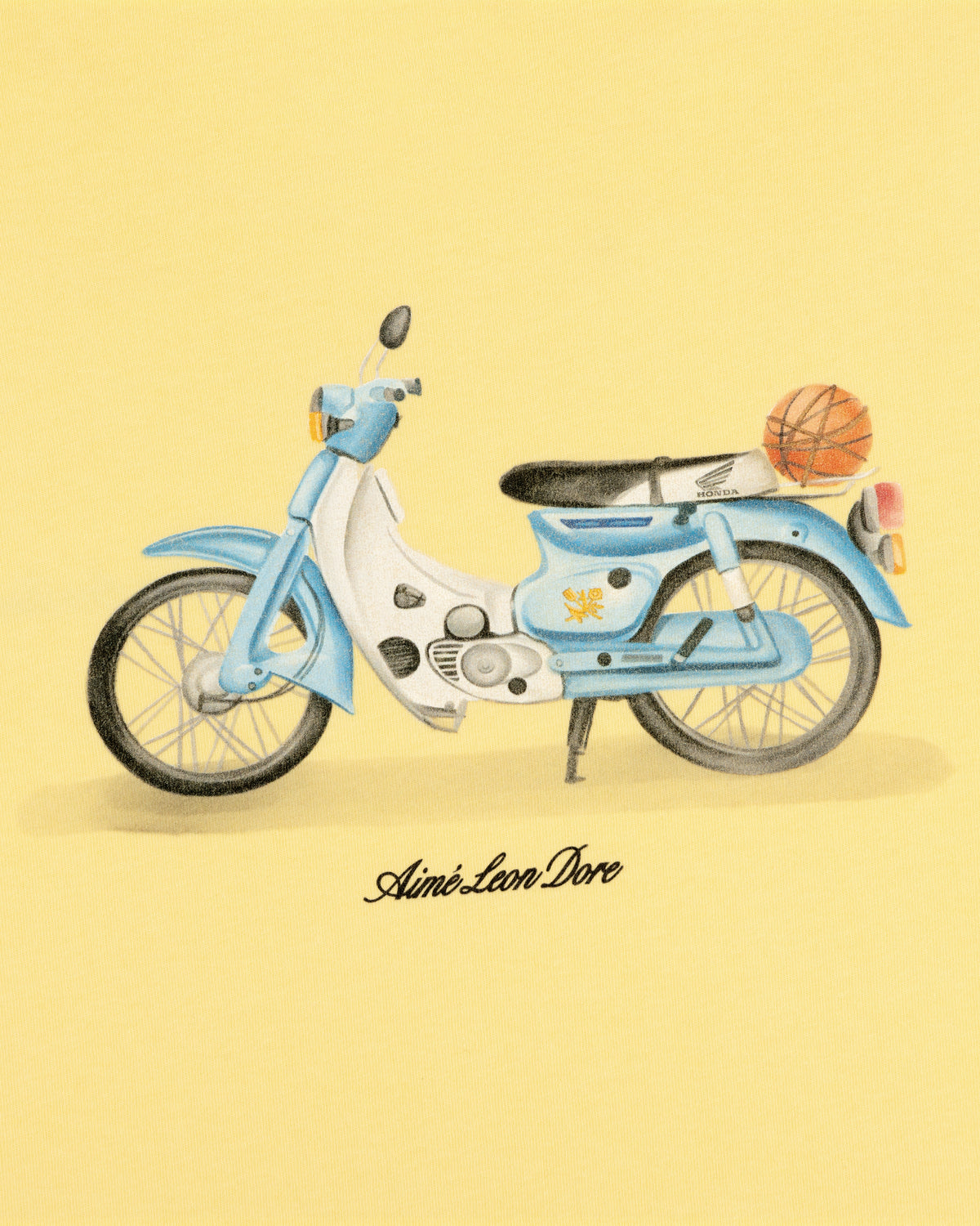 Blue and white vintage moped with a basketball on the back, above "Super Cub Tee" text.
