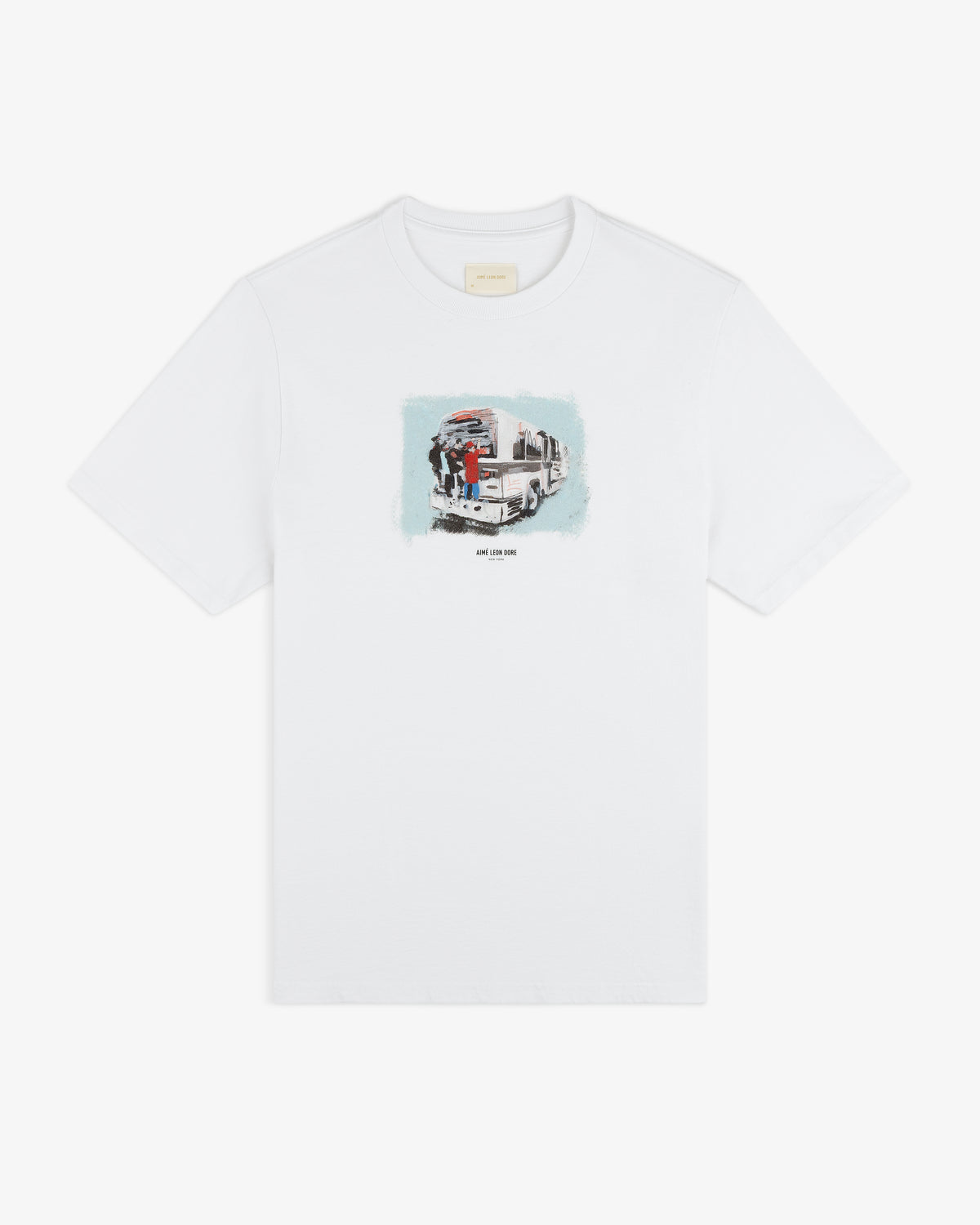Mesaikos Commuter Tee: White shirt with a small truck and two people graphic plus text on the front.