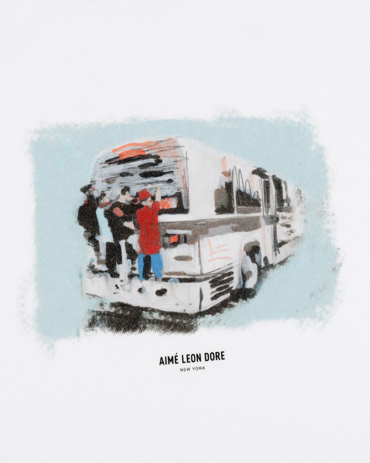 Impressionistic art of people boarding a bus with "Mesaikos Commuter Tee" text below on a white background.