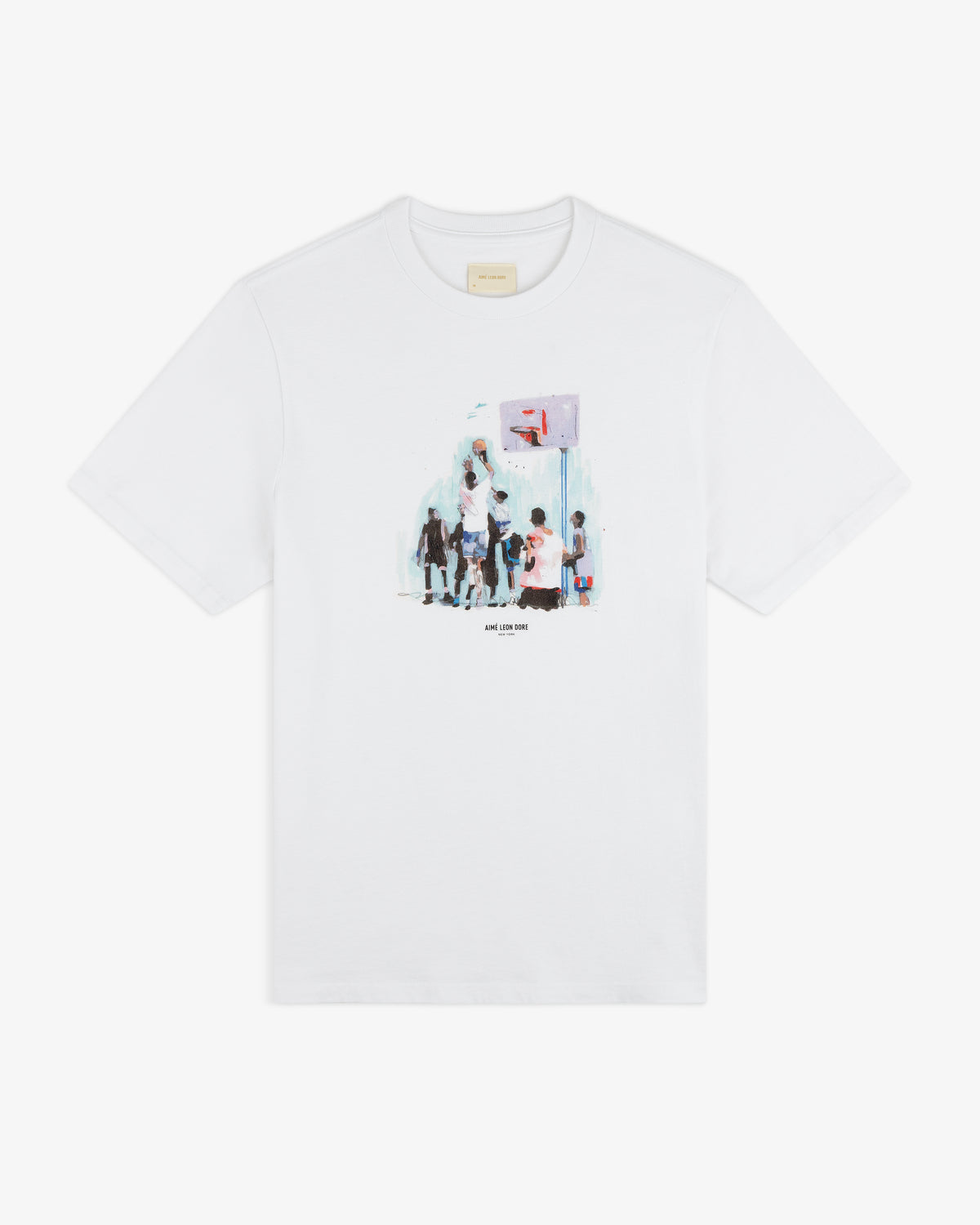 Mesaikos Hoops Tee—white shirt featuring a colorful illustration of people playing basketball on the front.