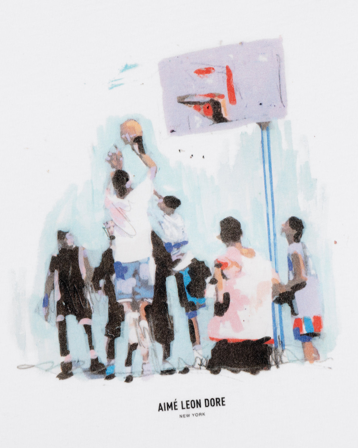 Illustration of kids playing basketball outdoors, with Mesaikos Hoops Tee text below.