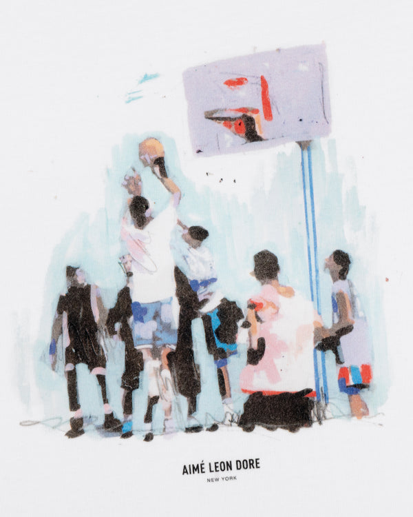 Illustration of kids playing basketball outdoors, with Mesaikos Hoops Tee text below.