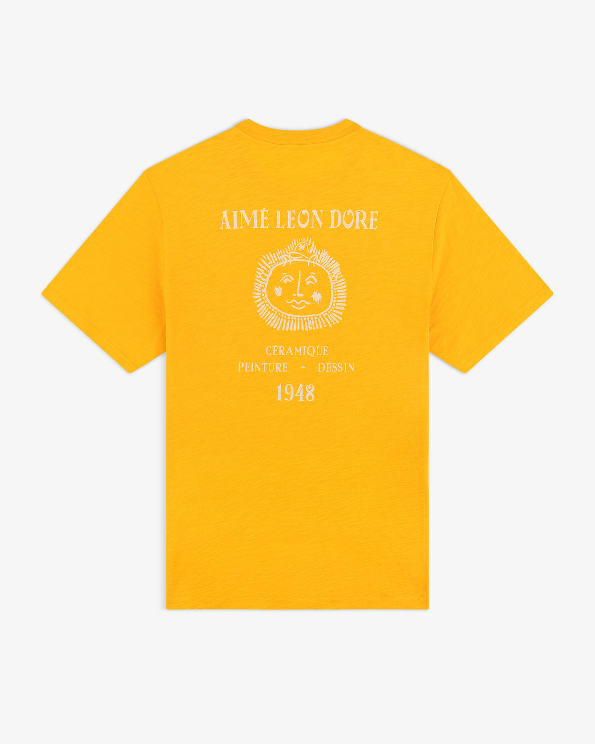 Bright yellow Artiste Pocket Tee with a sun face graphic and "Aime Leon Dore, Céramique, Peinture, Dessin, 1948" on back.