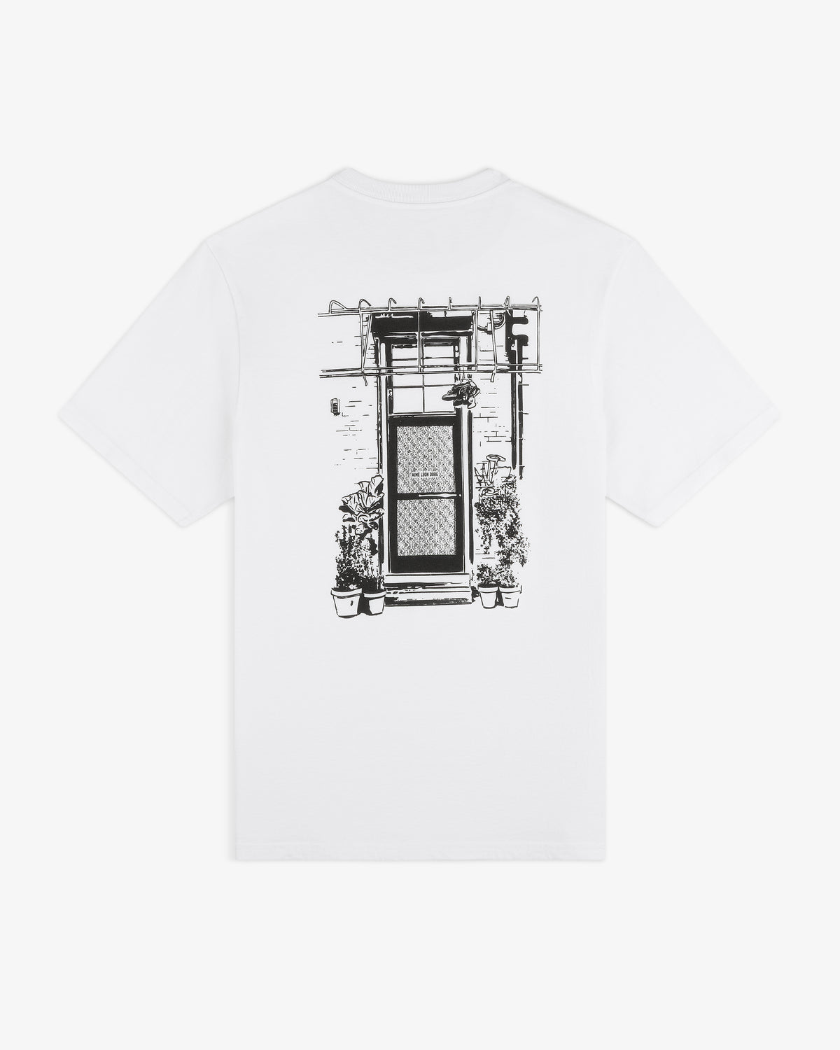 Mott Street Tee: White T-shirt featuring a black line window and plants design on the back.