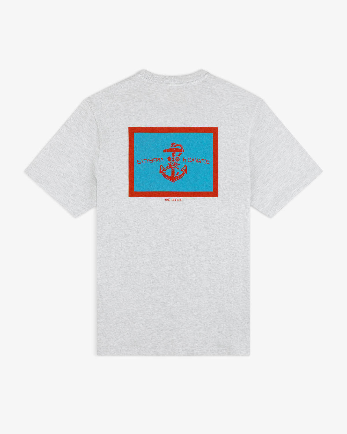 Coastal Flag Tee: Gray t-shirt featuring a blue and red anchor graphic and Greek text above it on the back.