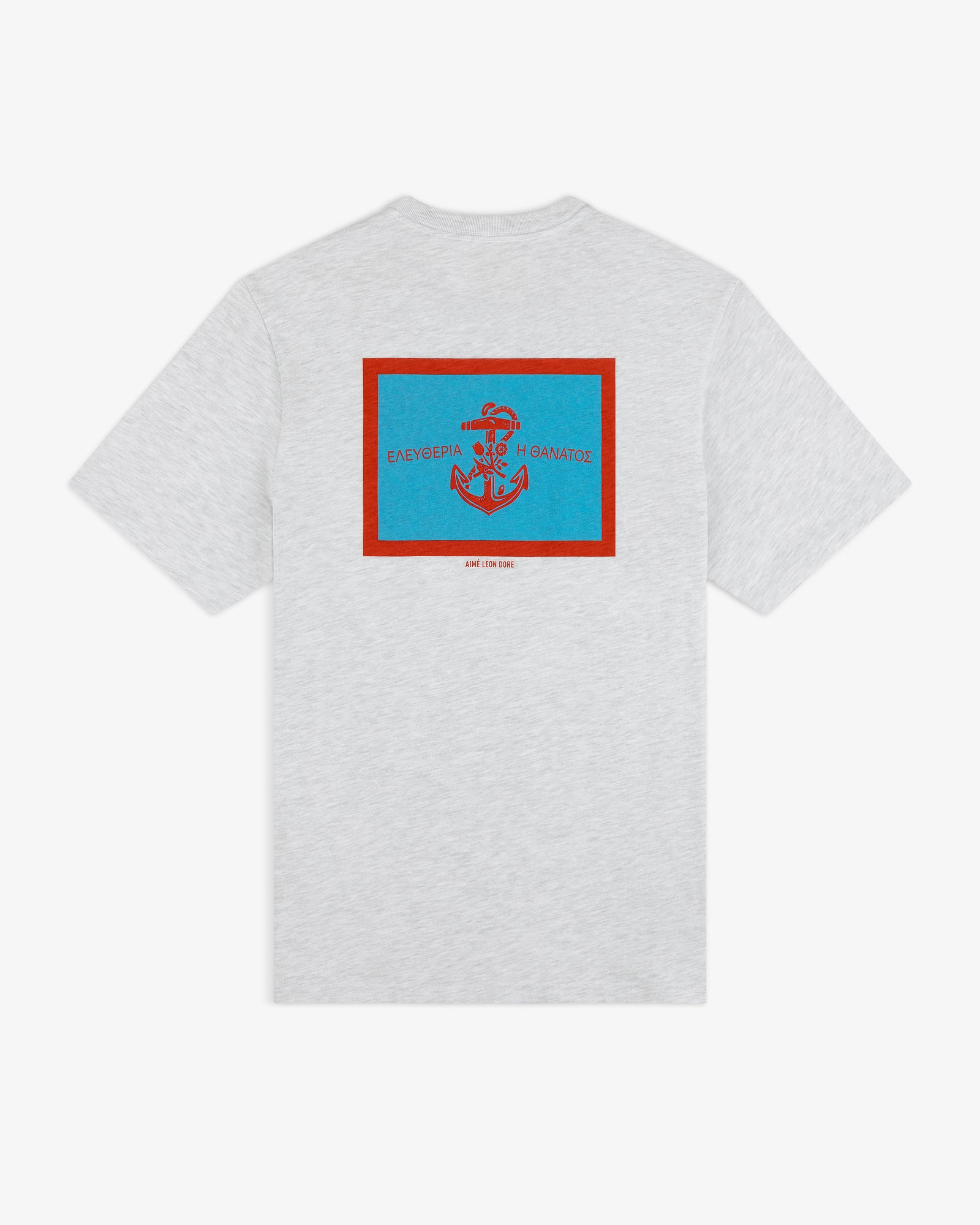 Coastal Flag Tee: Gray t-shirt featuring a blue and red anchor graphic and Greek text above it on the back.