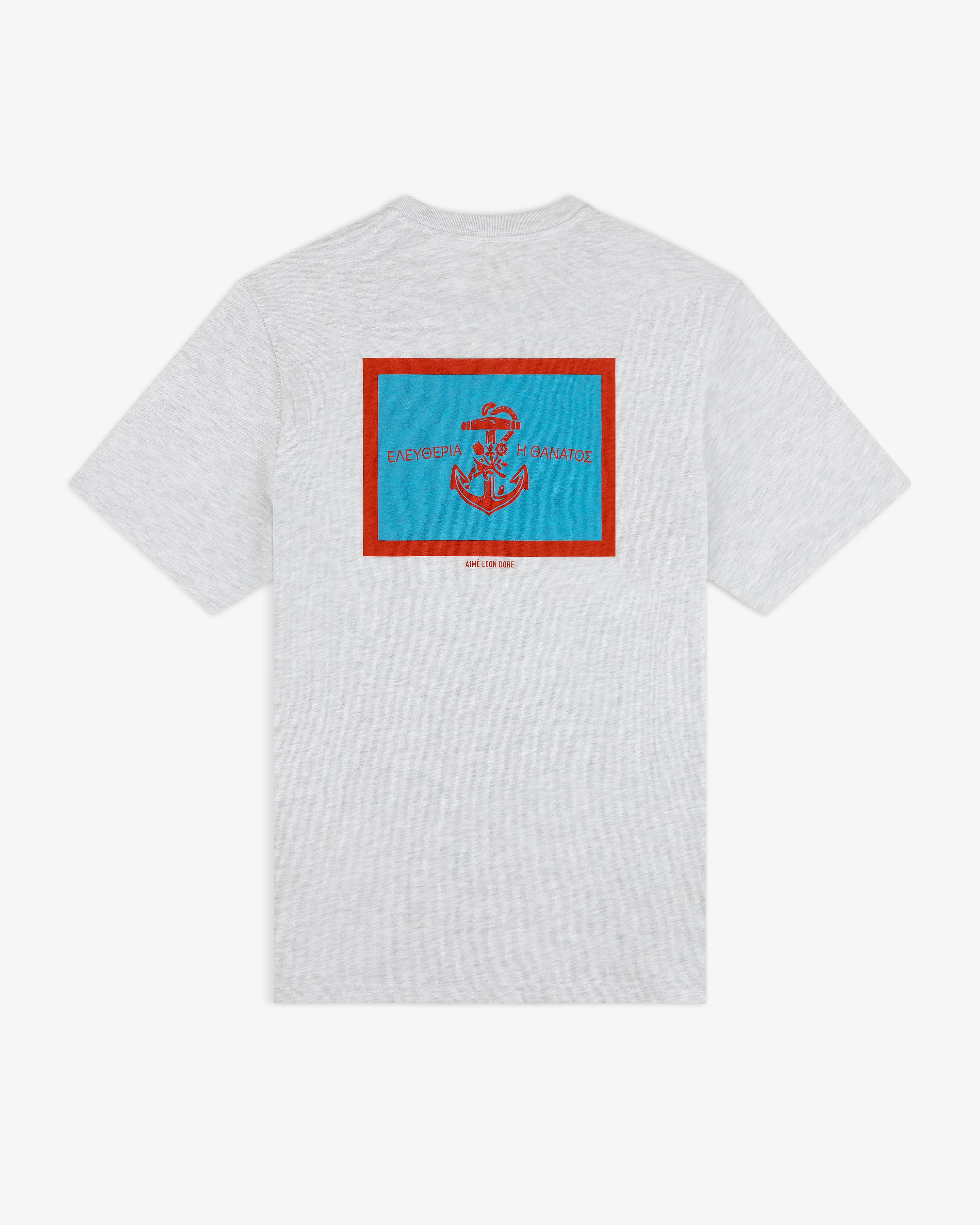Coastal Flag Tee: Gray t-shirt featuring a blue and red anchor graphic and Greek text above it on the back.