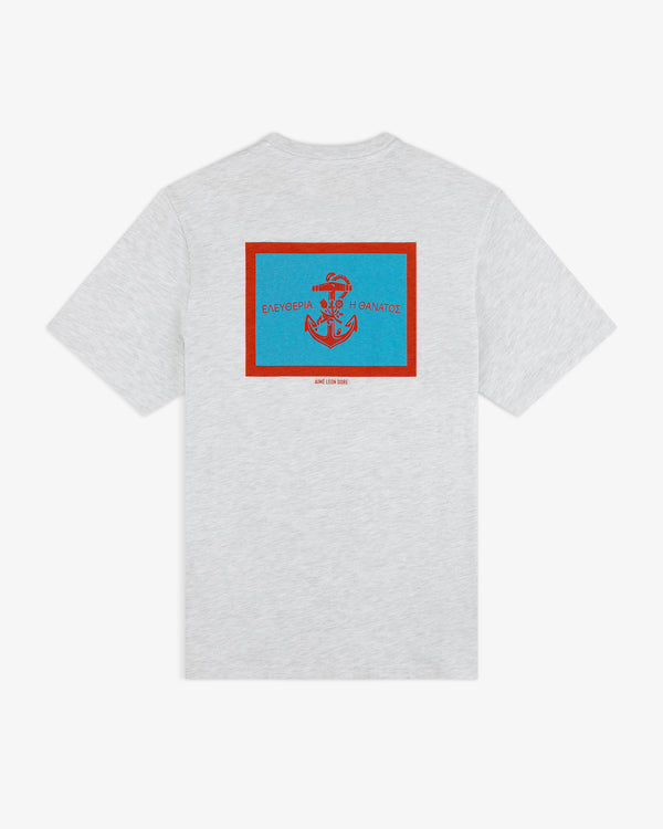 Coastal Flag Tee: Gray t-shirt featuring a blue and red anchor graphic and Greek text above it on the back.