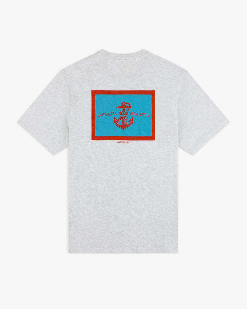 Coastal Flag Tee: Gray t-shirt featuring a blue and red anchor graphic and Greek text above it on the back.