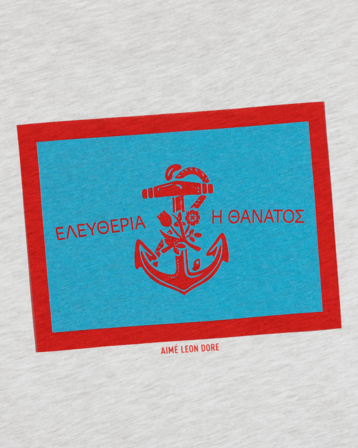 A blue and red anchor graphic with Greek text and Aimé Leon Dore on the light gray Coastal Flag Tee.