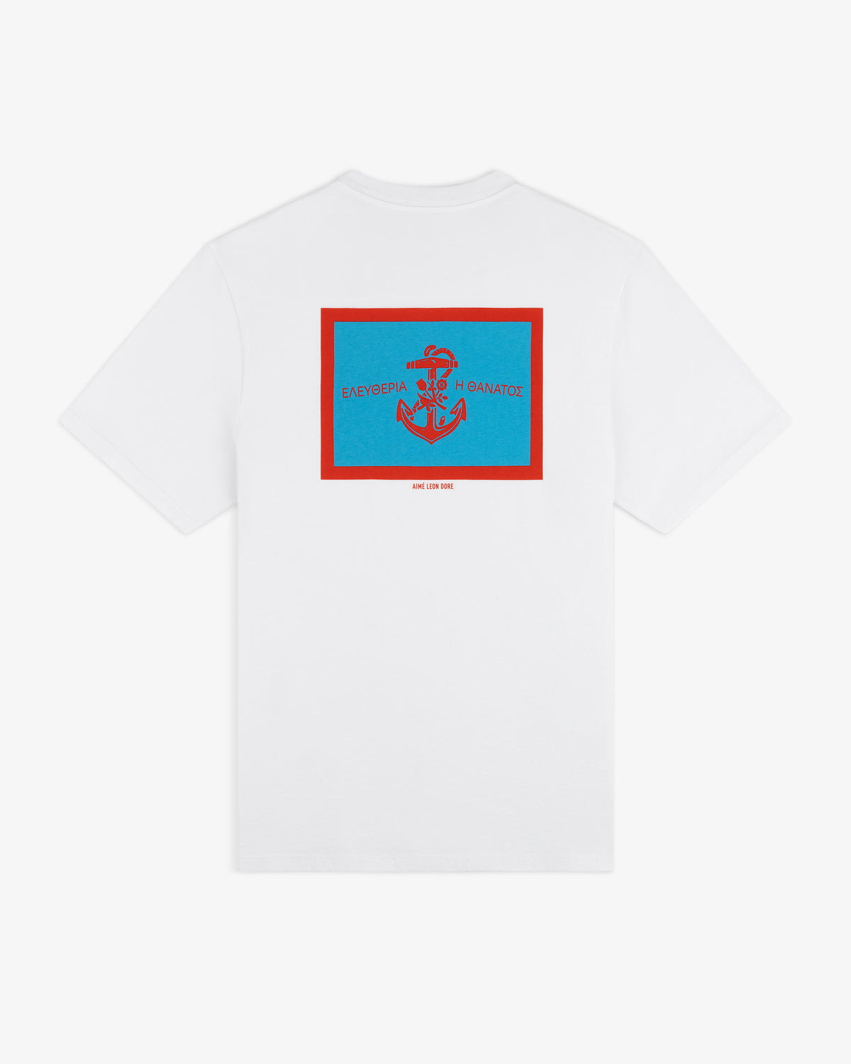 Coastal Flag Tee: White shirt featuring a blue and red anchor graphic with Greek text on the back.