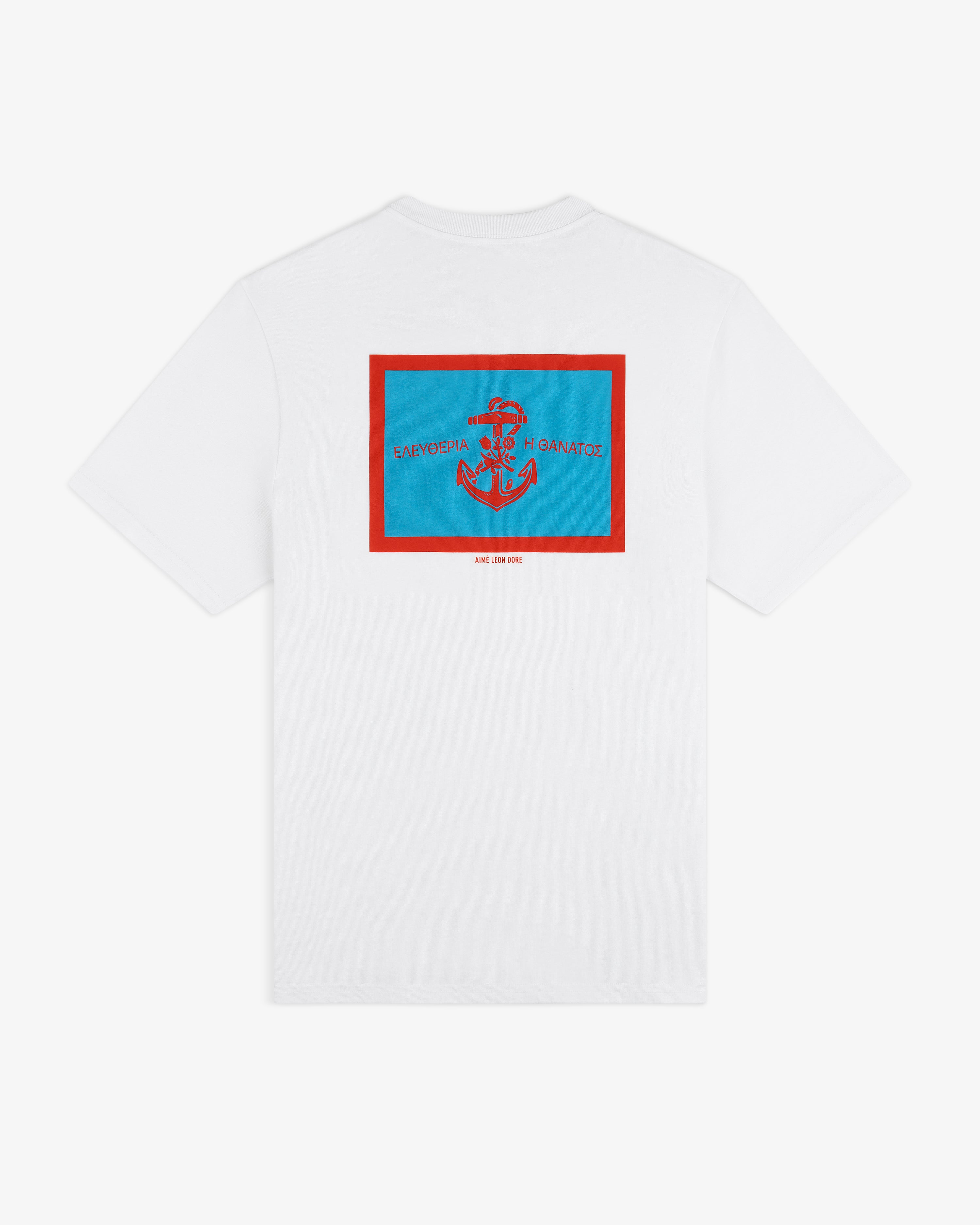 Coastal Flag Tee: White shirt featuring a blue and red anchor graphic with Greek text on the back.