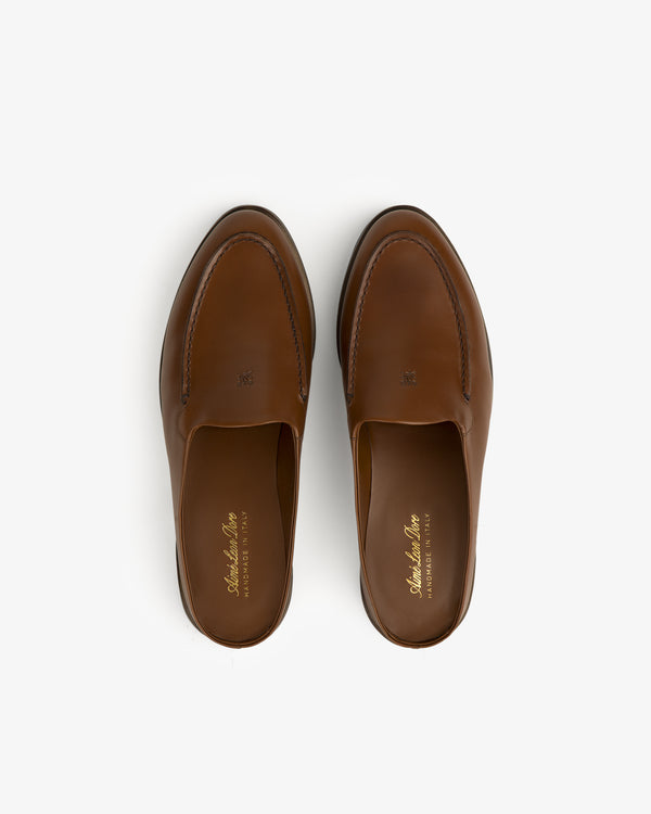 Venetian Mule brown leather slip-on loafers viewed from above on a white background.