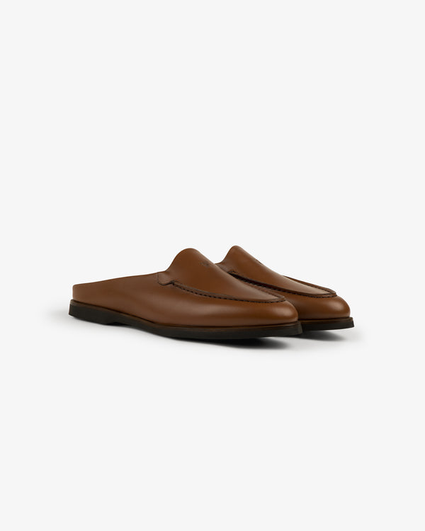 Venetian Mule brown leather slip-on loafers with black soles, shown against a plain white background.
