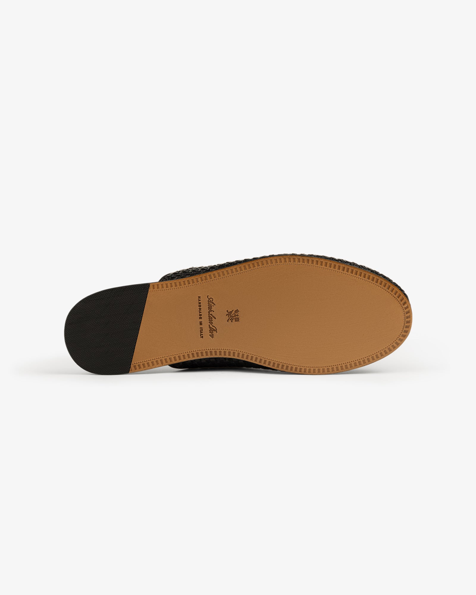 The brown sole of the Leather Raffia Mule with branding and size stamped near the arch, seen from below.