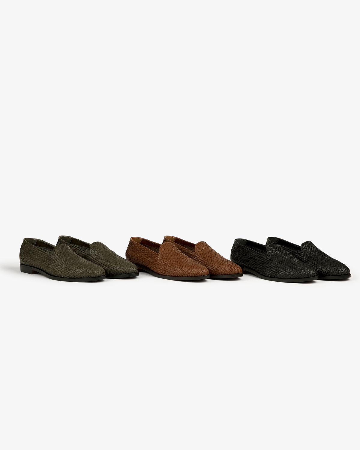 Three Leather Raffia Loafers in olive green, brown, and black displayed side by side on a white background.