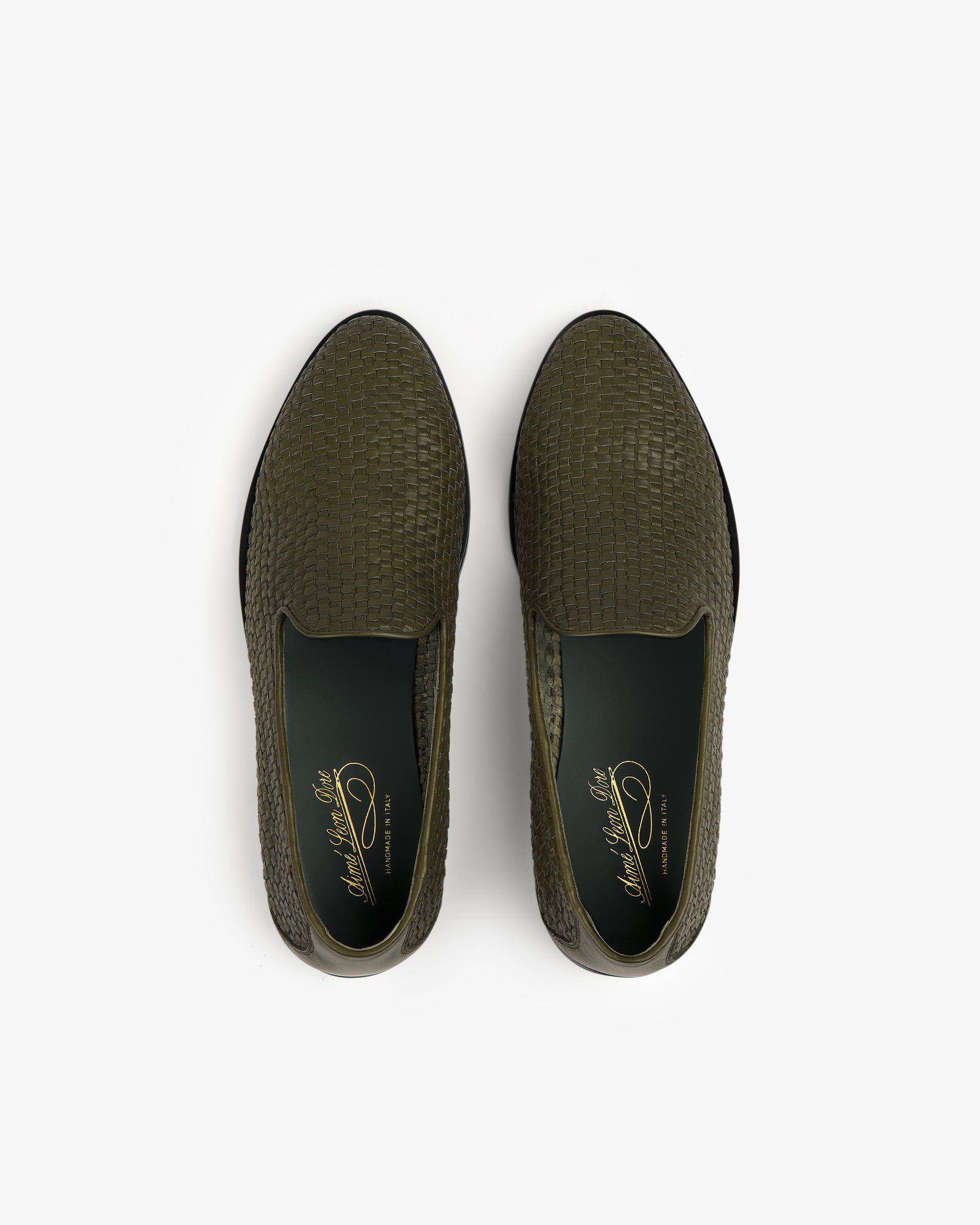 Leather Raffia Loafer in olive green with textured finish, dark insoles, and gold branding viewed from above on white.